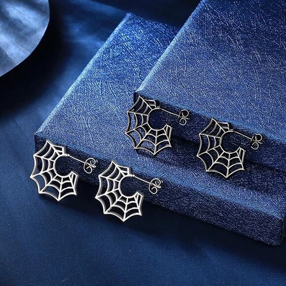 Halloween Spider Stud Earrings Silver/Black Gun Plated Spider Web Dangle Earring - Picture 5 of 5